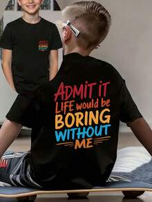 Tween Boy-Slogan Print T-Shirt, Suitable For Boys Outdoor Sports, Boys Spring/Summer Casual Versatile Top - Black - View 2
