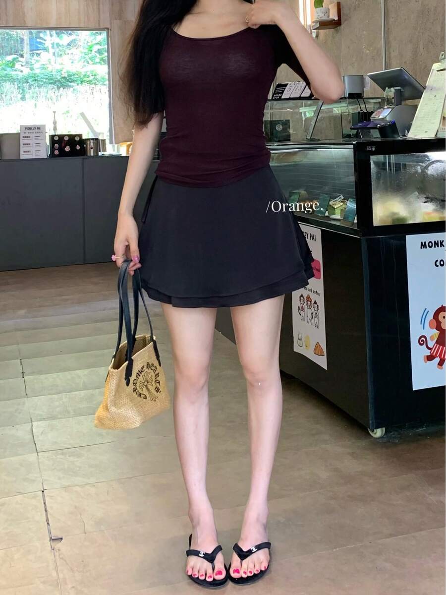 This Pink A-Line Mini Skirt (For Women) Is A Simple Satin Short Skirt With A Ribbon At The Hem, Offering A Casual Style. It Has Just The Right Amount Of Stretch, Making It Perfect For A Cute Summer Outfit. - Black - View 1