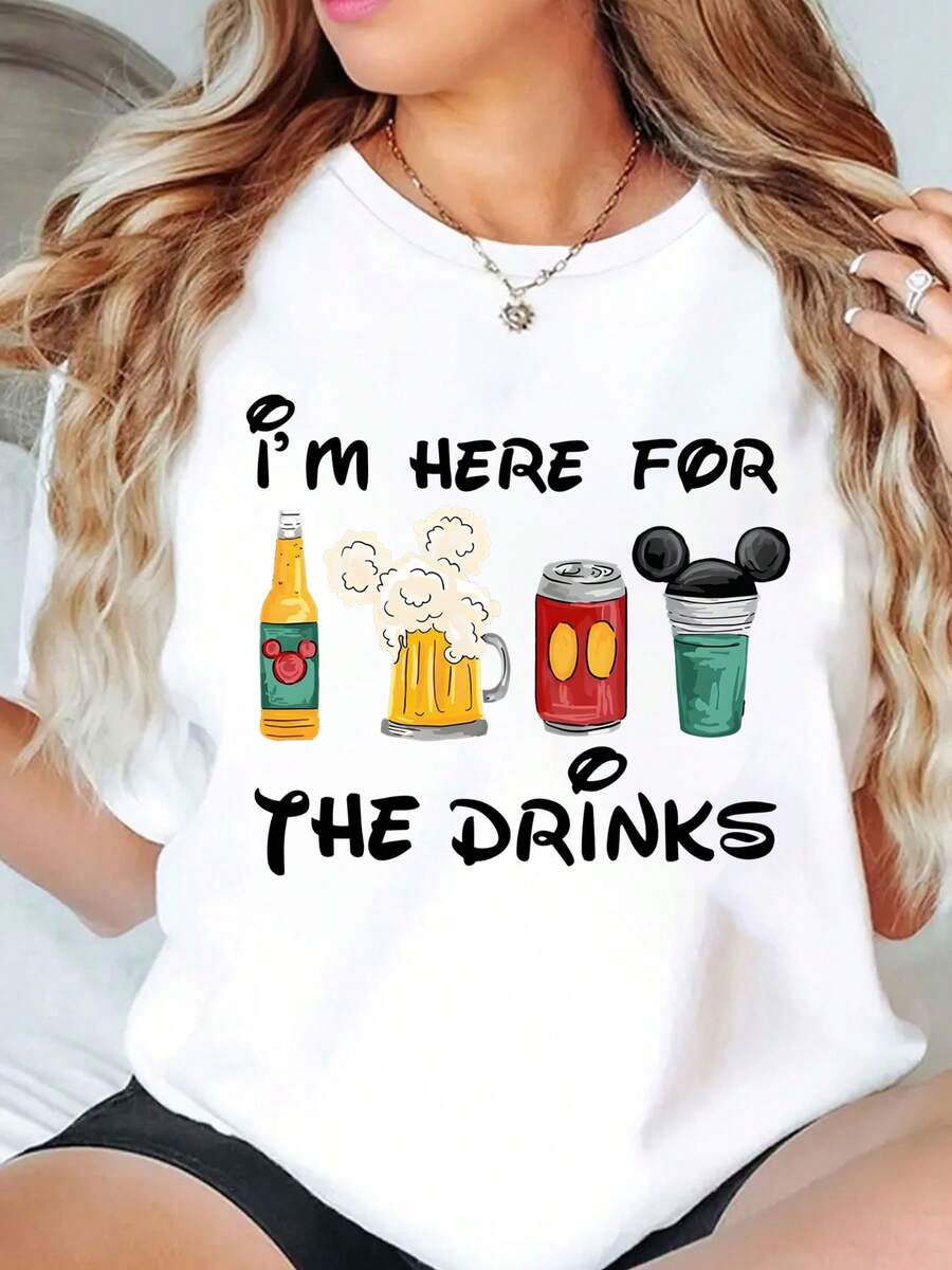 I M Here For The Drinks Mickey Mouse Beer Can And Mug Print Disney Women T Shirt Round Neck Short Sleeve Casual Party Outfit Holiday Wear Soft Comfortable 220g - trắng - Xem 1