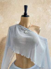 Nuevo top suelto con hombro asimétrico y transparente con lentejuelas doradas y falda mini fruncida de cintura baja asimétrica, estilo bohemio, boho, para vacaciones, vintage, fiestas, - Amarillo 2 - Ver 9