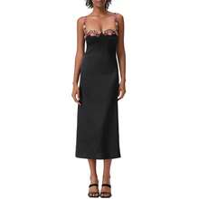 Vestido largo de satén con tirantes finos para mujer, vestido ajustado sin mangas con bordado de flores, vestido de cóctel para y Club de verano - Negro - Ver 1