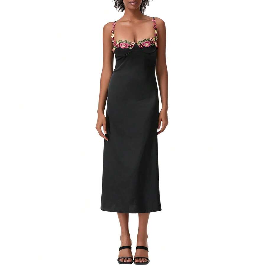 Vestido largo de satén con tirantes finos para mujer, vestido ajustado sin mangas con bordado de flores, vestido de cóctel para y Club de verano - Negro - Ver 1