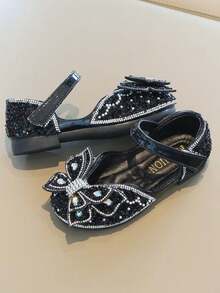 1 Pair Girls' Rhinestone Princess Shoes, Spring/Autumn New Soft Sole Non-Slip Fashion Versatile Shoes - Black - View 2