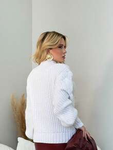 Women's Winter Woolen Turtleneck Sweater With Braided Knit Detail - White - View 4