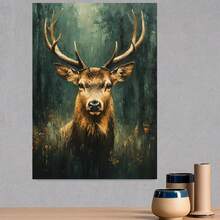 1pc 12x16 Inch Red Deer Stag in Bright Green Foggy Forest Canvas Wall Art - Modern Home Decor with Recycled Wood Frame, Ready-to-Hang Nature-Inspired Wildlife Painting for Living Room, Bedroom, Office, Deer Wall Decor, Office Artwork, Natureinspired Painting, Detailed Texture, Bedroom Artwork, Highquality Print, Nature Artwork, Nature Lovers, 2D Flat - Enmarcado - Ver 3
