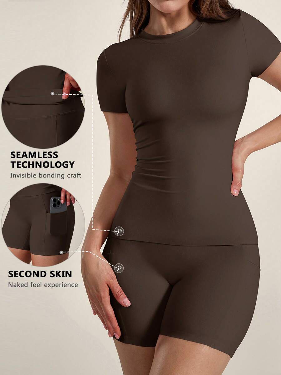 TimeOff 1 Set Women's Solid Color Fitted Short Sleeve T-Shirt And Shorts Sports Suit - Coffee Brown - View 1