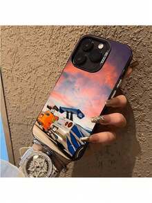 Funda en Estilo Ins con Patrón de Coche para iPhone 16 Pro Max/15 Pro/14 Plus/13/12/11/Xs Max/Xs/Xr/8/7 - Estética Vintage, Acabado Mate Gradiente de Alta Calidad, Sin Huellas Dactilares - Negro - Ver 2