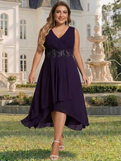 EVERPRETTY Elegant Chiffon Floral Embellished Purple Bridesmaid Wedding Guest Dress