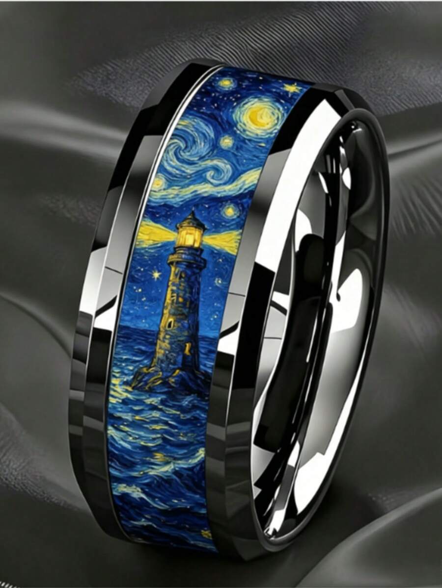 Personalized Artistic Style Ring, Black Tungsten Steel Band, Van Gogh Painting Replica, Men's Accessory - Silver - View 1