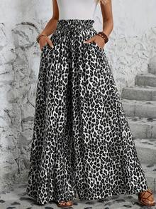Women's Wide Leg Trousers With Elastic Waist And Print - Light Grey - View 4