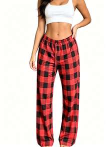Retro Red Black Plaid Tie Waist Pajama Pants Loose Slim Fit Comfortable Breathable Casual Home Trousers. - Red - View 3