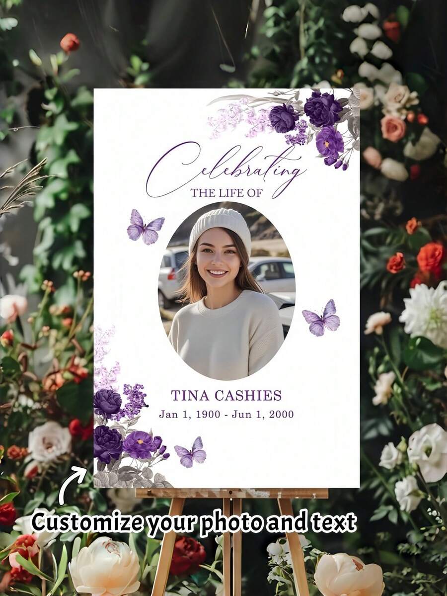 Customized Purple Floral Photo Memorial Plaque, Personalized Life Celebration Welcome Sign, Add Your Photo And Text, Foam Board/Framed Art - Multicolor - View 1