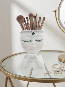 Cute Face-Shaped Makeup Brush Holder, Suitable For Vanity Tabletop | Decorative Desktop Storage Box, Can Hold Brushes, Pencils, Cosmetics | Japanese Cute Beauty Stationery Organizer | Aesthetic Room Desk Decor - Multicolor - View 3
