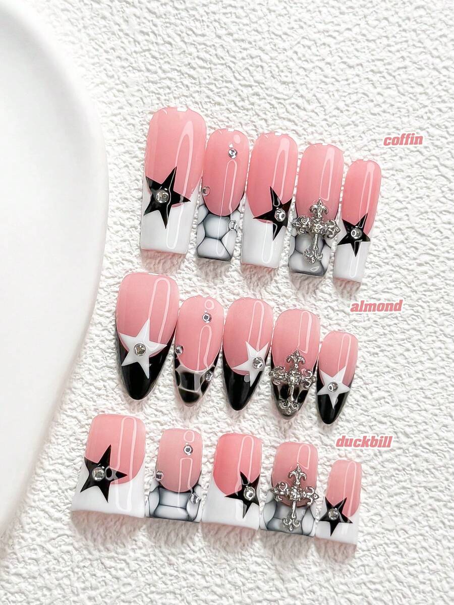 10pcs Minimalist Handmade Nail Art Set, Stamping Nail Stickers, Cross-Shaped Nail Decor, Hand-Painted Pentagram Nail Decorations, Black & White Nail Polish, Stylish Design, Includes Nail Tools (1 Jelly Sticker + 1 Nail File), 3 Sizes Available: Almond, Duck Mouth, Coffin Shape, Suitable For Parties, Daily Wear, Parties, Photography, Spring/Summer Commute Nails Handmade Press On Nails - Multicolor - View 1