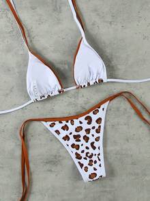 Women's Leopard Print Triangle Bikini Set With Brown Trim And Tie Side Bottom Sexy Two Pieces Swimsuit For Summer Vacation Beach Party And Tropical Getaway - Multicolor - View 7