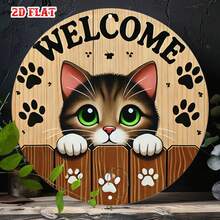 Placa de Metal Plana 2D - Alumínio, com Design Fofo de Gato, Diâmetro de 7,8 Polegadas. Esta peça de arte de parede em estilo rústico é perfeita para decorar sua casa, garagem, área de jantar ou café. - A - Visão 3