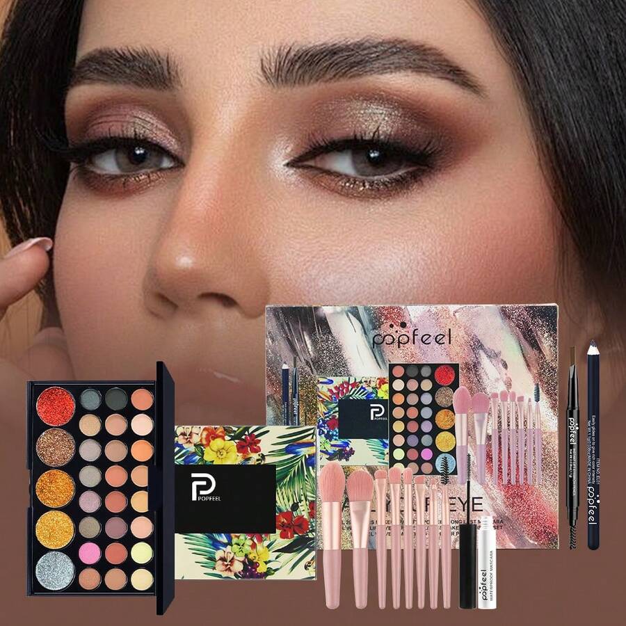 POPFEEL Full Eye Makeup Set | Eyeshadow Palette + Brushes + Mascara + Eyebrow Pencil Professional Eye Cosmetics Set Suitable For Women And Girls Perfect For Spring/Summer Y2K Fashion Party Birthday Mother's Day Gift Carnival Preparation - SET002C - View 1