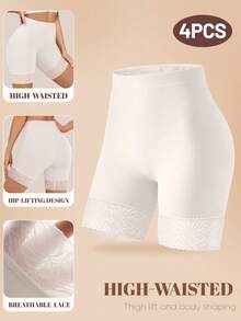 MEIYATING 4pcs High Waist Tummy Control Butt Lifting Seamless Lace Pattern Panties For Women - Multicolor - View 4