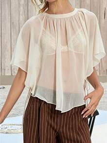 Womens Mesh Poncho Tops Mock Neck Loose Fit Solid Color See Through Flowy Summer Cover Up Shawl Wrap Blouse - White - View 1