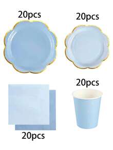 10pcs/20pcs/50pcs/80pcs Blue/Light Blue Gold Rim Paper Tableware Set, Blue 9" Dinner Plates + Light Blue 7" Dessert Plates + Blue Paper Cups + 6.5" Blue/Light Blue Paper Napkins, Scalloped Paper Plates For 1st Birthday, Baptism Party,Birthday,Wedding,Events,Festival,Picnic,Family Gathering Supplies Men Women - Blue Background With Gold Trim - View 9