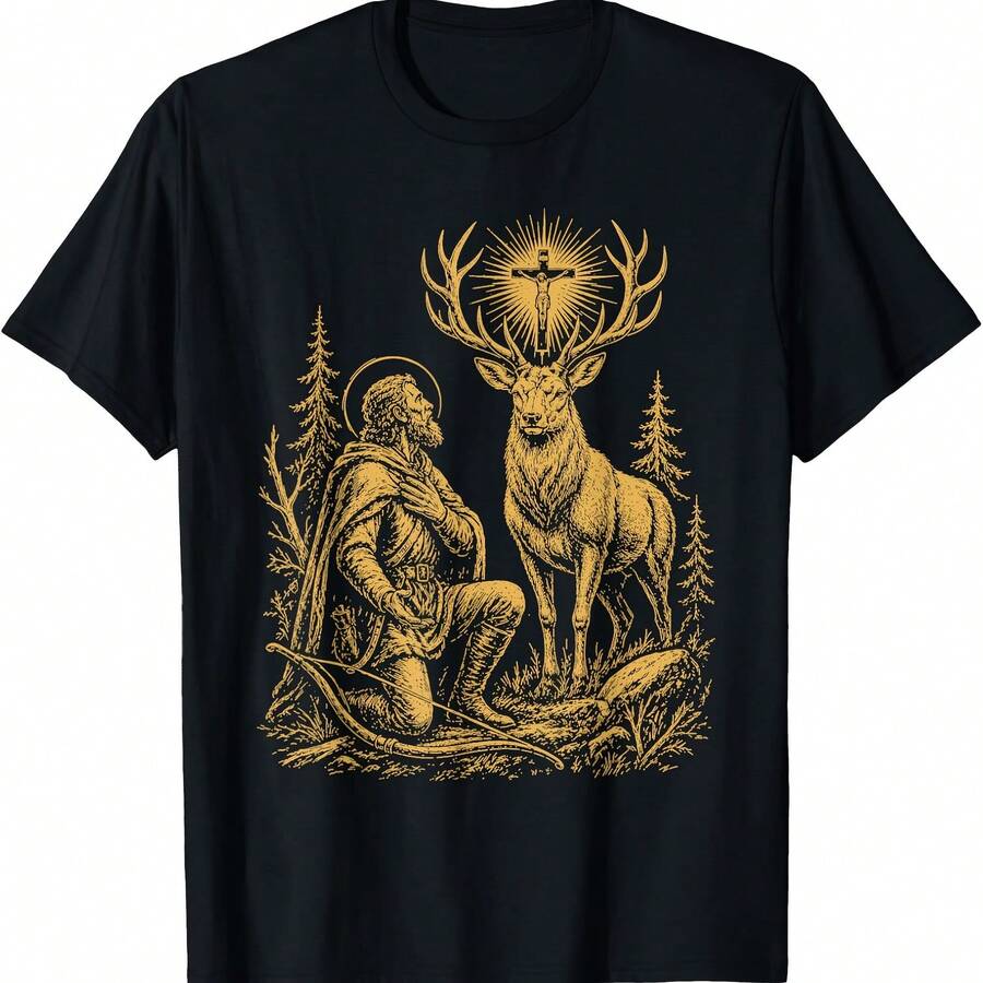 St. Hubert And The Stag Christian Hunter Vision Art T-Shirt - Black - View 1