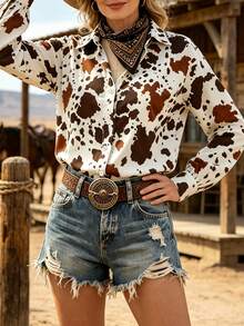 Women's Casual Spring/Summer Vacation Shirt: Loose Western Tie Ruffle Design, Long Sleeve, Denim Effect Buttons White - White - View 8