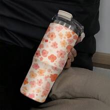 1個/5個 30盎司櫻花水彩花卉主題不鏽鋼保溫隨行杯,清新甜美女性風設計,全天保持飲品完美溫度,適合冰咖啡、果汁、燕麥奶 - 淡黃色-橘粉花 - 查看 2