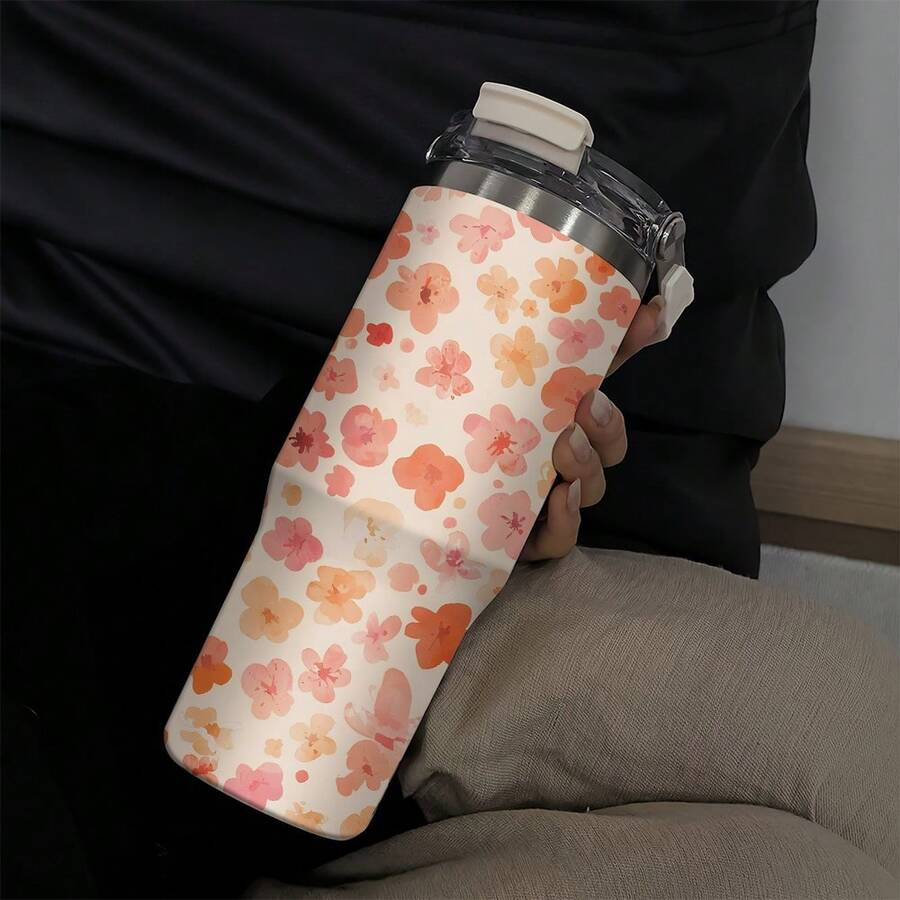 1個/5個 30盎司櫻花水彩花卉主題不鏽鋼保溫隨行杯，清新甜美女性風設計，全天保持飲品完美溫度，適合冰咖啡、果汁、燕麥奶