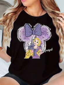 Rapunzel Minnie Mouse Ears Design With Purple Bow And Castle Print Disney Women T Shirt Round Neck Short Sleeve Casual Wear For Everyday And Holiday Soft Comfortable 220g - Black - View 1