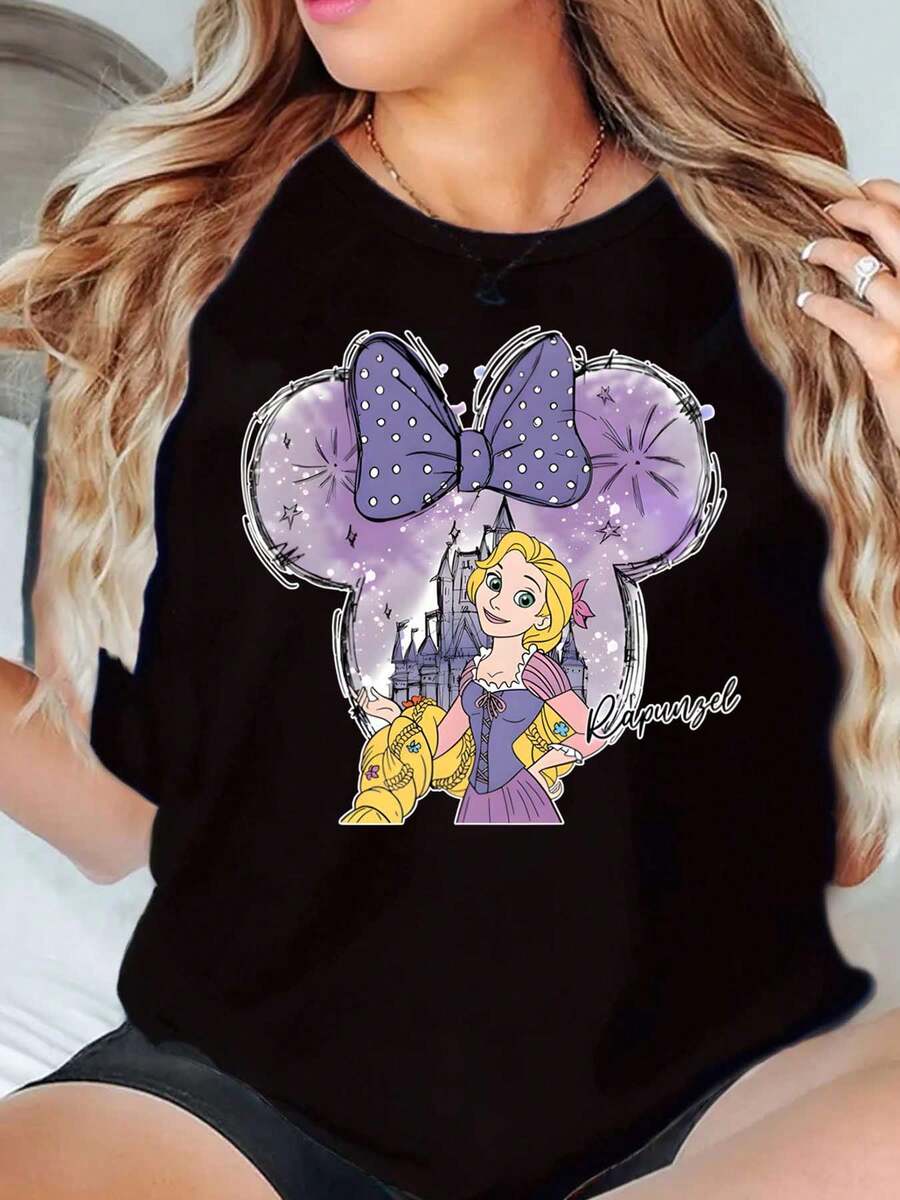 Rapunzel Minnie Mouse Ears Design With Purple Bow And Castle Print Disney Women T Shirt Round Neck Short Sleeve Casual Wear For Everyday And Holiday Soft Comfortable 220g - Black - View 1