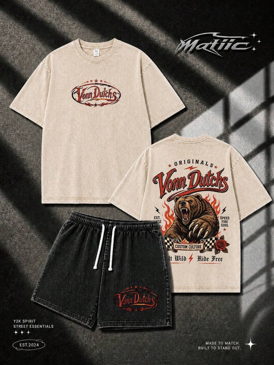 Summer Men 2 Piece Set Creative Washed Graphic Tee T Shirt And Shorts With Vons Dutchs Bear Print And Text For Street Casual Home Outdoor Parties Fathers Day Gift Soft Fabric Breathable Anime Shirt And Shorts Set Y2K Style - quả mơ + đen - Xem 1