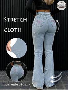 GILIPUR Jeans acampanados de talle alto estilo Y2K, pantalones de mujer de unicolor elásticos y elegantes, pantalones vaqueros con estampado de copos de nieve de uso casual - Azul 4 - Ver 3