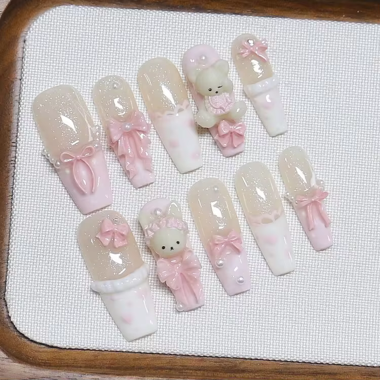 Premium Handmade Nail Stickers, Cute Teddy Bear Design, Suitable For Students And Young Girls, Medium-Long Length Nails - Baby Pink - View 4
