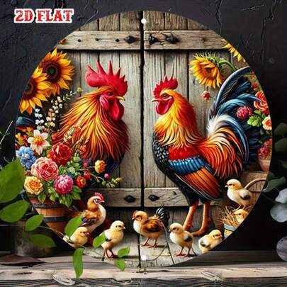 2D Flat 1件裝小雞圓形金屬牌，向日葵農場場景 7.87X7.87 圓形鋁製金屬錫牌，公雞金屬牆面裝飾牌，適用居家、車庫、餐廳、咖啡廳牆面裝飾