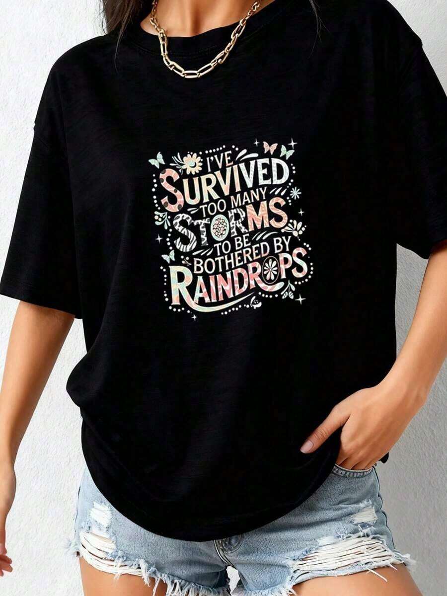 1 Women's T-Shirt With Floral Print And Lettering. - Black 1 - View 1