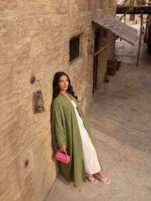 1pc Women's Green Solid Color Batwing Sleeve Robe, Minimalist Elegant Design, Suitable For Daily Wear, Festivals And Versatile Occasions - Olive Green - View 3