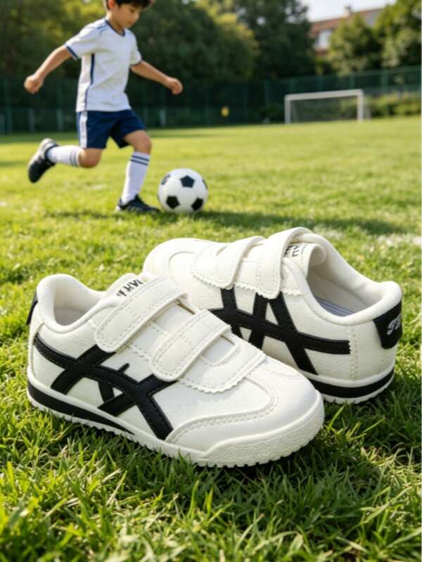 Kids' Black & White Striped Casual Shoes, Unisex Children Soft Bottom Hook And Loop Non-Slip Sneakers