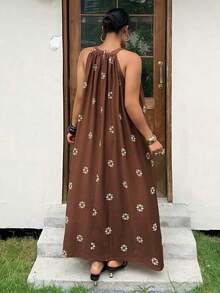 Plus Vestido sin mangas con estampado integral de lentejuelas y parches, vestidos de verano de estilo vacacional para mujeres de talla - Marrón - View 8