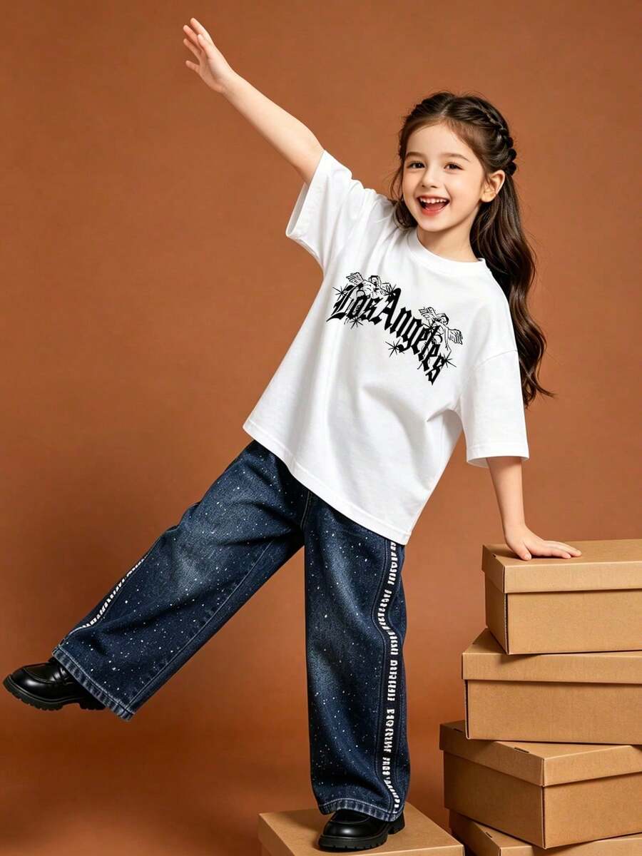 Soft, Casual Short-Sleeved, Crew-Neck T-Shirt For Girls With A Gothic Los Angeles Print, Ideal For Spring And Summer. White - 白色 - 查看 1