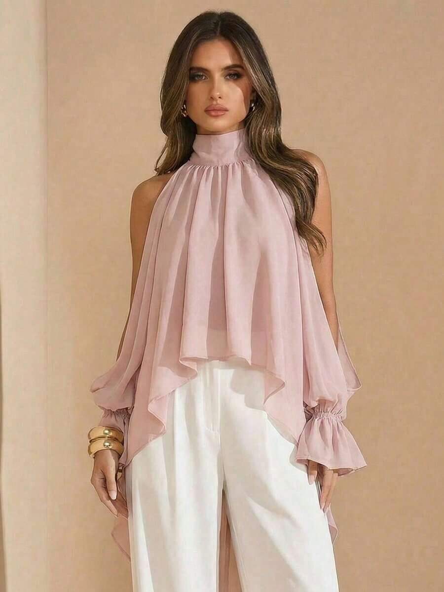 2026 Blusa elegante sin espalda de manga larga, camisa de gasa con cintura anudada y asimétrica, adecuada para fiestas, bodas, invitados, primavera, verano, otoño - Rosa vieja - Ver 1