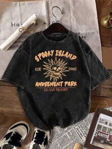 Size - Size - A Halloween-Themed Printed T-Shirt, Perfect For Carnival, With A Retro Design. This Classic Women's Clothing Item Effortlessly Sets A Festive Mood For Halloween. - 黑色 - 查看 6