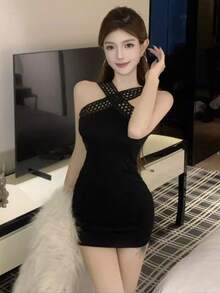 Autumn And Winter New Style Hollow String Inner Dress Women's High-End Light Luxury Sexy Pure Bucket Desire Hot Girl Hip Cover Short Skirt - Black - View 3