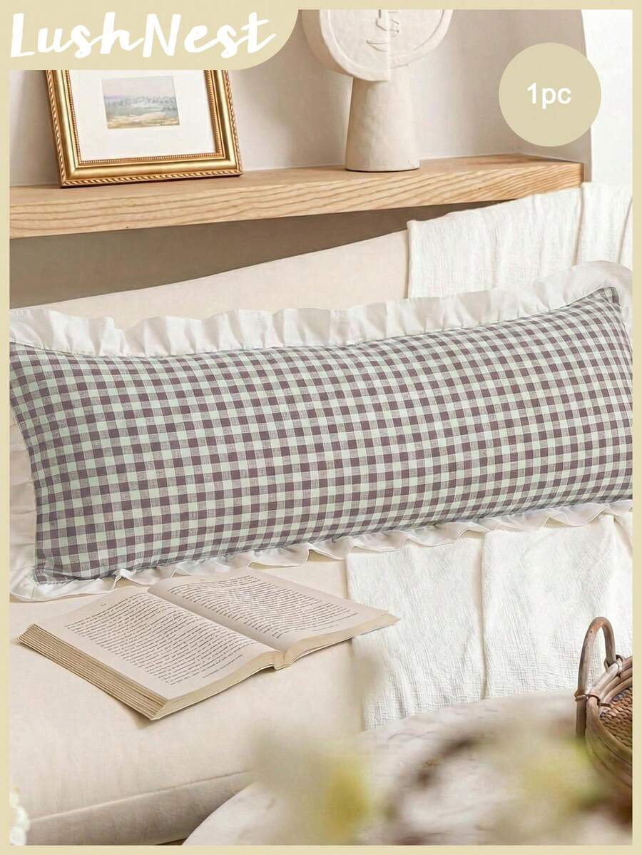 1pc Mint Chocolate Plaid Long Pillowcase (Pillow Insert Not Included), With Ruffle Design, Comfortable And Breathable Polyester Fiber Material, Suitable For Bedroom, Home Decor, Multi-Functional Daily Fresh And Cute, Plaid Pillowcase, Ruffle Design, Mint Chocolate Tone, Comfortable Bedding, Cute Aesthetic, Popular Style