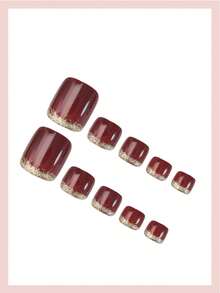 24pcs Gold Glitter French Manicure Short Square False Nails, Glossy Burgundy Retro Style Full Cover Nails For Women & Girls, Suitable For Autumn/Winter - Multicolor - View 3