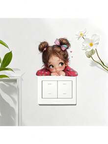 Cute Double Bun Little Girl Peeking Light Switch Wall Decal, Cartoon Doll Self-Adhesive Light Switch Sticker Suitable For Children's Bedroom, Nursery, Girls' Room Light Switch Panel, Removable Peel And Stick, Fun Theme Art - Cute Little Girl With Double Buns - View 2