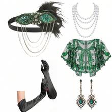 Bộ 5 món: Băng đô lông vũ phong cách retro thập niên 1920, khăn choàng đính sequin, vòng cổ ngọc trai giả, bông tai, găng tay đen - Phụ kiện trang phục cho dạ hội hóa trang, tiệc tùng, váy dạ hội trang trọng, đi biển, kỳ nghỉ, phụ kiện, đồ dùng cần thiết khi đi du lịch. - Nhiều màu - Xem 36
