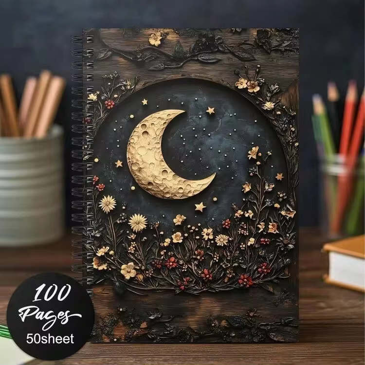 1pc Spiral Bound Notebook With Gold Crescent Moon And Star Design, Perfect For Note-Taking, Journaling, Making Lists, Or As A Gift For Women, Men And Friends, Cover Depicts Night Sky Art, 2D - H - View 5