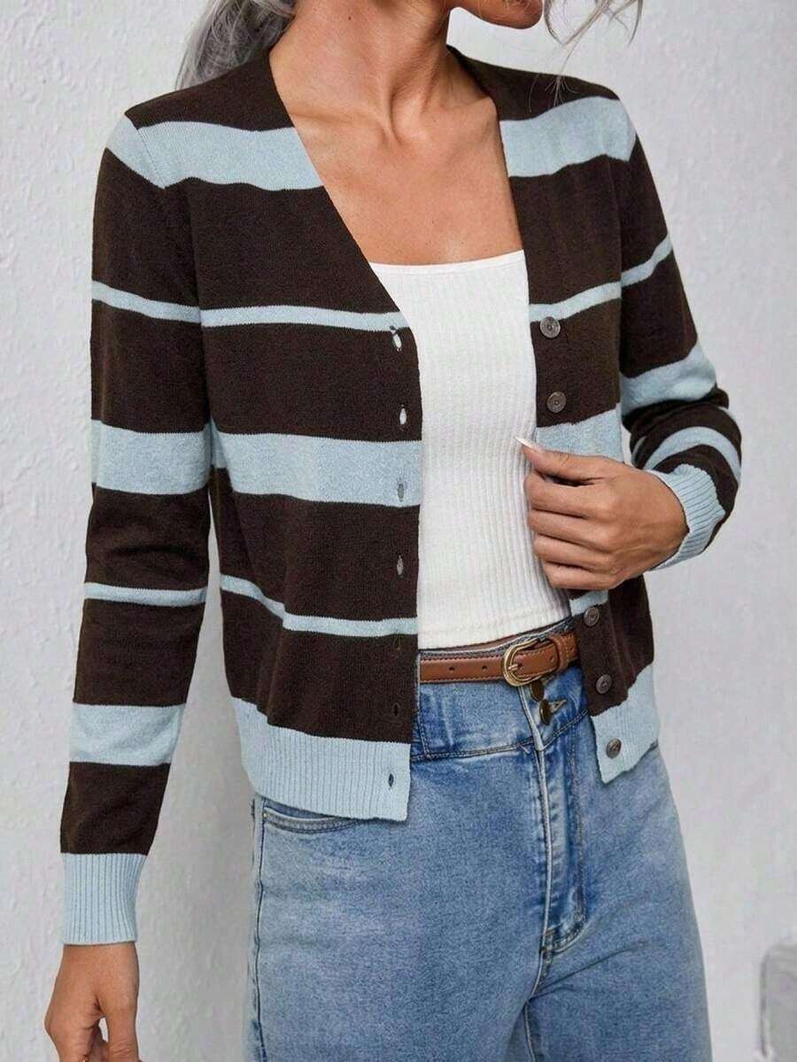 Cárdigan delgado de mujer con cuello en V, botones frontales y patrón de rayas de contraste de manga larga - Multicolor - Ver 1