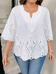 LUNE Blusa de verano de talla grande, de unicolor, hueca, bordada, casual, para vacaciones, temporada de bodas, nuevo diseño de playa para mujer - Blanco - Ver 1