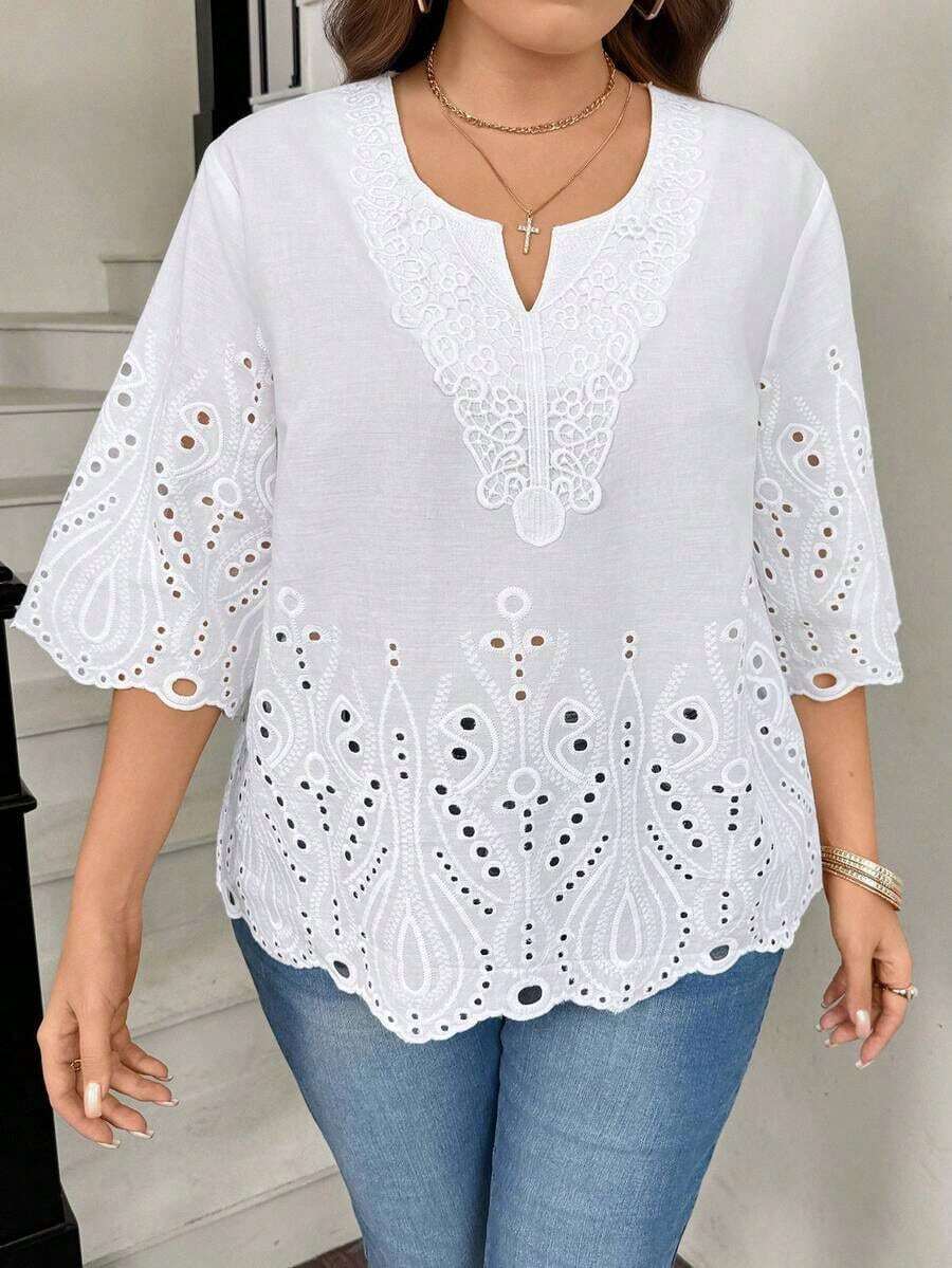 LUNE Blusa de verano de talla grande, de unicolor, hueca, bordada, casual, para vacaciones, temporada de bodas, nuevo diseño de playa para mujer - Blanco - Ver 1